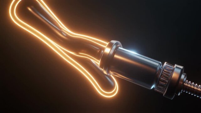 Illuminated metal component with screw thread against dark background