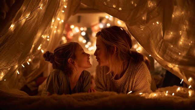Cozy Moments - Two Girls Sharing Stories in a Fairy Light Tent.