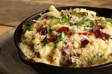 A closeup view of mac n cheese.