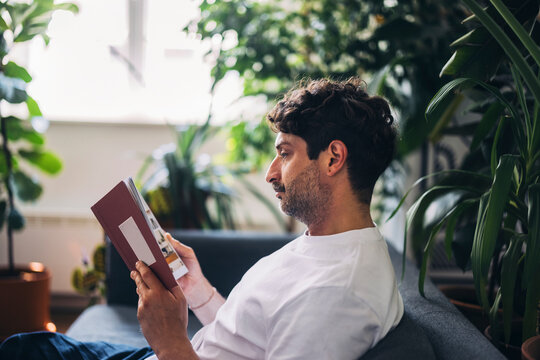 Man Relaxing Indoors Reading a Book Surrounded by Lush Green Plants