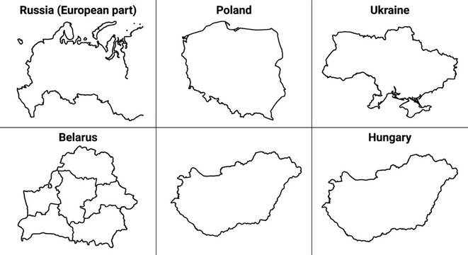 Outlined maps of European countries, including Russia, Poland, Ukraine, Belarus, and Hungary.