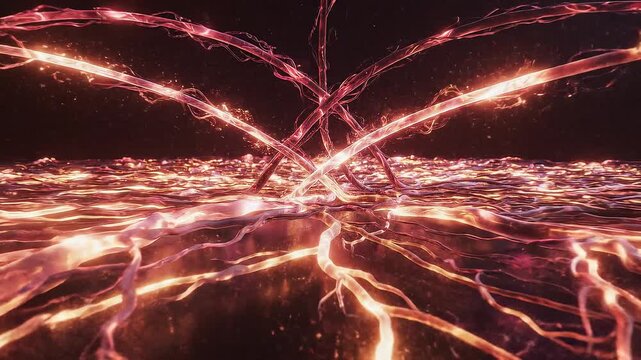 Microscopic view of glowing pink and orange blood vessels against a dark background