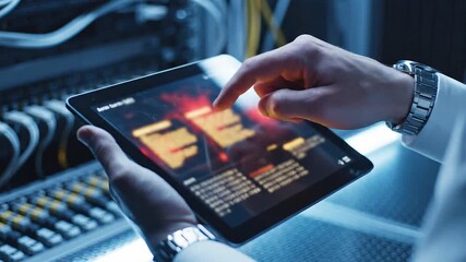 Person using a tablet in a server room - Powered by Adobe