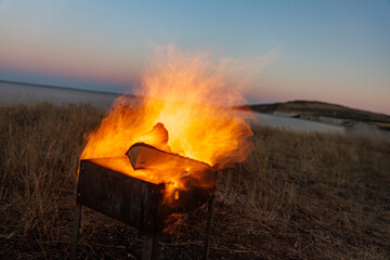 Evening Bonfire In Grill With Twilight Nature Landscape 