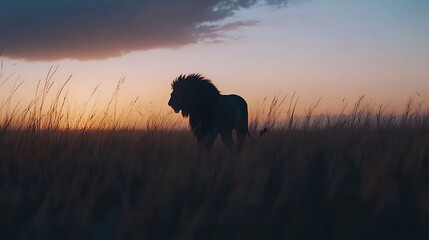 Majestic Male Lion Silhouette Walking Through Tall Grass at Sunset in African Savanna