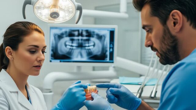 Dentists Analyzing X-Ray and Model for Patient Treatment Planning.