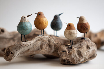 Wooden birds gathering on driftwood display in a bright, modern room capturing a cozy, artistic atmosphere