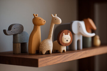 Wooden animal figures displayed on a shelf provide a charming touch to a cozy room setting