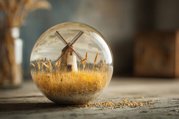 Miniature windmill captured inside a glass sphere with golden wheat field and soft background, showcasing a whimsical rural scene