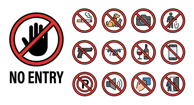 A collection of no entry signs and symbols on a white background, including a hand with a diagonal line through it and various prohibited activities.