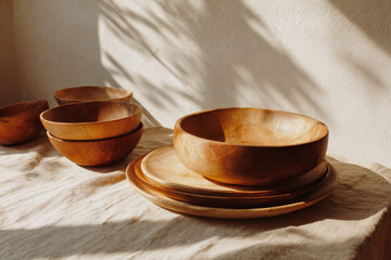 Wooden bowls and plates arranged on a linen tablecloth in warm sunlight by a window