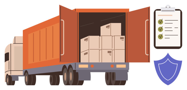 Fototapeta Red delivery truck with boxes in open cargo, checklist with ticks, and security shield. Ideal for logistics, shipping, inventory, safety, insurance supply chain transport. Simple flat metaphor
