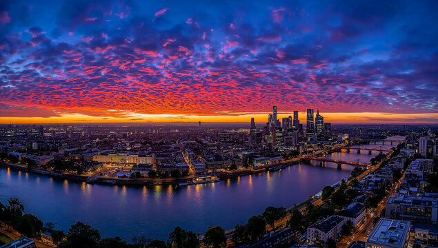 Aerial panorama of frankfurt at sunset