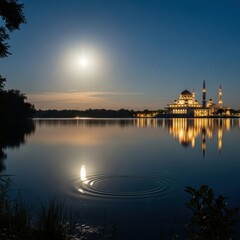 Serene night view of Putra Mosque reflecting on the lake under moonlight.