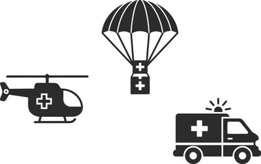 Emergency medical transport icons helicopter ambulance parachute aid delivery medical rescue services vector © SAIF820