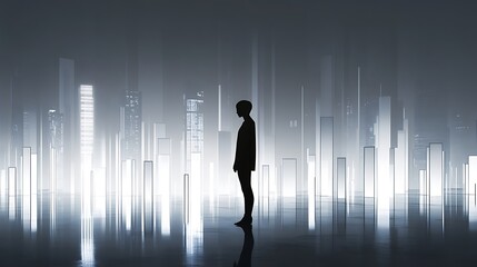 Silhouette of a person standing in a glowing abstract cityscape with data visualization and reflections