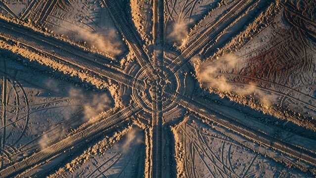 Aerial view of a roundabout with tire tracks in the sand.