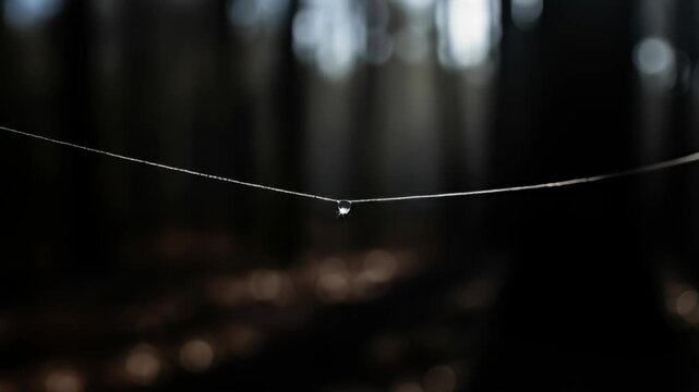 A single water droplet hangs delicately from a spiders silk thread in a dark forest environment.