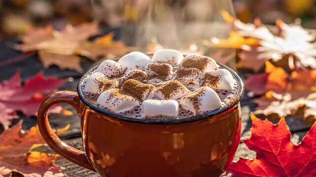 Warm beverage with marshmallows and cinnamon surrounded by autumn leaves