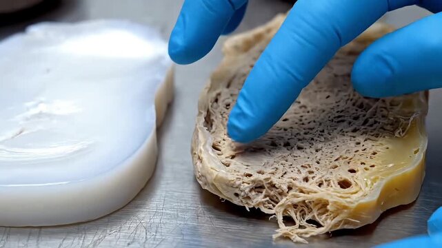 Scientist in Lab Comparing Sustainable Mycelium Material with Silicone Gel.