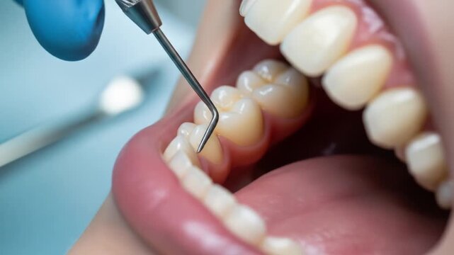 Dentist examining patients teeth with dental tool close up.