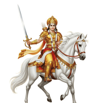 Hindu God Lord Kalki Riding White Horse with Sword and Peacock Feather Crown PNG Oil Paint