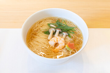 Japanese Nyumen Hot Somen Noodle Soup with Shrimp and Shimeji Mushroom