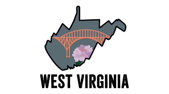 West Virginia state outline illustration with New River Gorge bridge and rhododendron flower, modern travel souvenir vector design