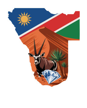 Namibia map illustration with national flag, desert oryx antelope, quiver tree and diamond gemstone, African travel tourism design