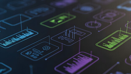 Futuristic holographic user interface with neon icons and digital technology elements