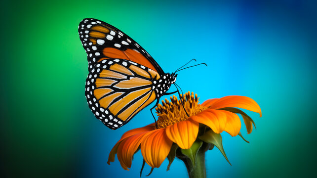 A close-up photograph of a monarch butterfly perched on an orange Mexican sunflower against a blurred gradient background of turquoise and emerald green