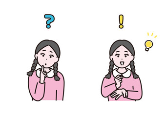 女の子の考える様子とひらめいた様子　イラストセット