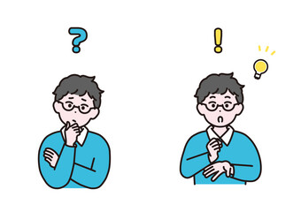 小学生の男の子のイラストセット　ひらめき　悩み