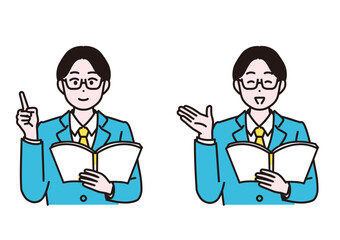 資料を見ながら説明をしているビジネス男性のイラスト素材