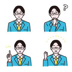 ビジネス男性のイラスト素材セット　疑問　指差し　応援