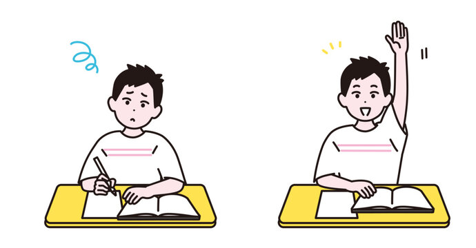 男の子が悩む、手を挙げる、理解する様子のイラストセット