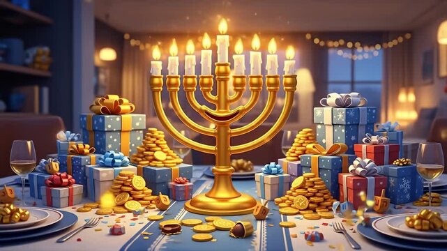 Hanukkah celebration with a menorah, gifts, and chocolate coins on a festive table.