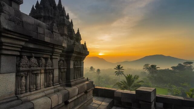 Ancient stone temple architecture at dawn, overlooking a serene misty valley and distant mountains bathed in golden light.