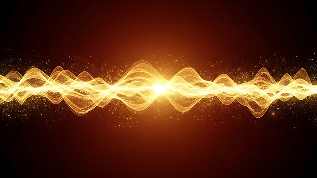 Glowing golden wave with sparkling particles on dark brown background abstract energy