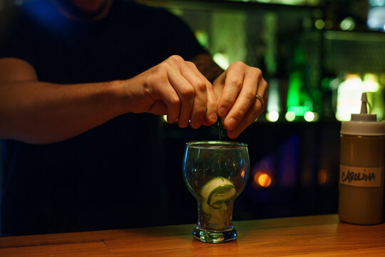 Bartender Prepares Cocktail With Fresh Ingredients in a bar