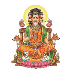 Hindu God Lord Dattatreya with Three Heads and Four Dogs on Lotus Seat PNG Oil Paint