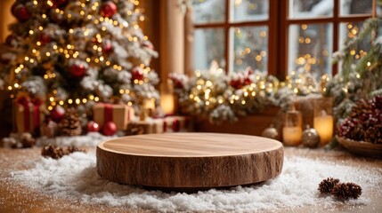 A cozy holiday setting featuring a wooden display table surrounded by snow, Christmas decorations, and warm ambient light from candles.