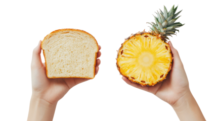 Hands holding slice of bread and half pineapple isolated on transparent background