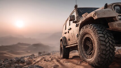 Rugged off-road vehicle conquering vast desert dunes at breathtaking sunrise, embodying adventure and exploration spirit