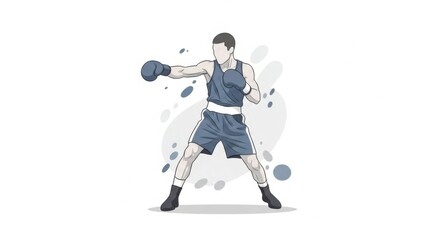 Boxer Man Wearing Blue Shorts and Gloves Standing in Fighting Stance in White Background