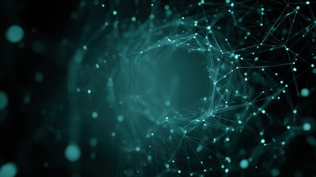 A captivating digital abstract depicting a network of interconnected nodes and lines, creating a sense of depth and movement in a dark, teal-toned environment.