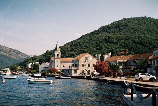 Coastal Village and Church by the Bay, Kotor, Montenegro  
