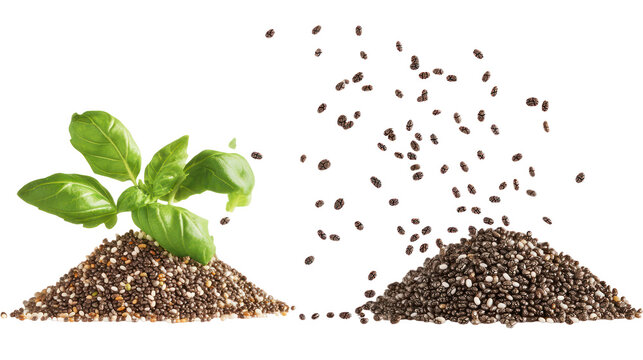 Two piles of basil seeds and mustard seeds falling in the air on transparent background - Powered by Adobe