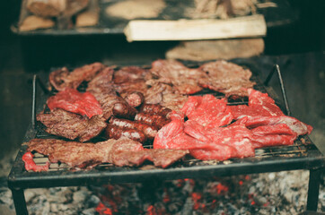 Traditional Barbecue with Meat on Open Grill