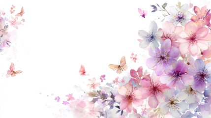 A delicate watercolor illustration featuring soft pink and purple flowers, complemented by butterflies, creating a serene and vibrant floral scene.